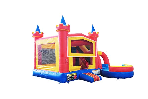 Commercial inflatable jumping castle with slide and pop-up obstacles