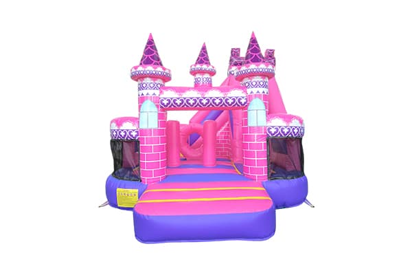 pink princess bounce house with slide and obstacles
