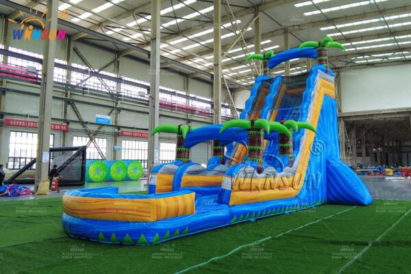 Blue marble water slide with climbing wall and pool
