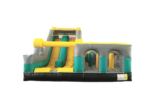 inflatable challenge course with tunnel pop‑ups and climbing wall