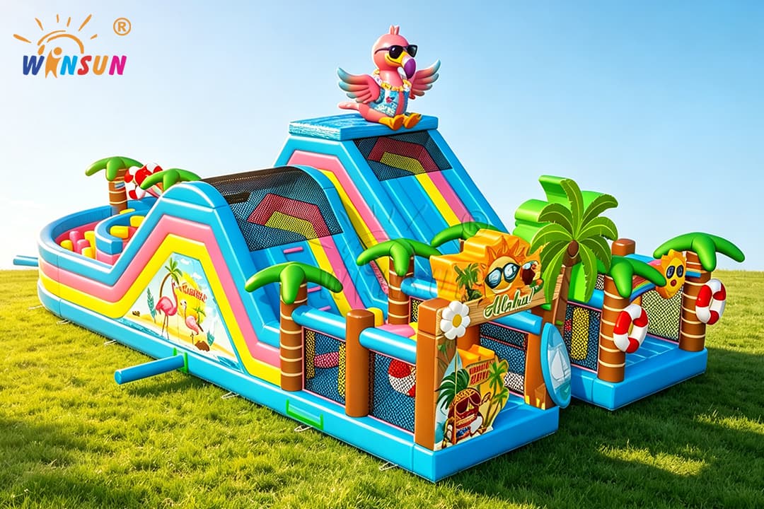 inflatable obstacle course with climbing wall and slide